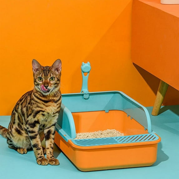 Tunhigl Extra-Large Splash-Proof Cat Litter Box 17x12x7" , Removable Cover & Rim, High-Sided Leak-Proof Design, BPA-Free Plastic, Includes Litter Scoop Orange