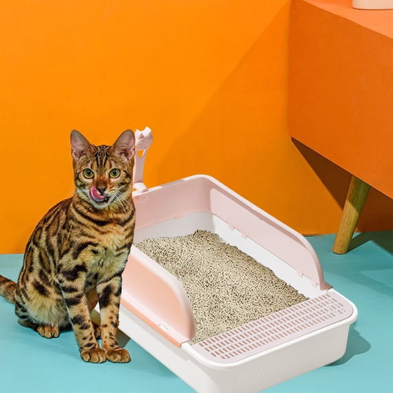 Tunhigl Extra-Large Splash-Proof Cat Litter Box 17x12x7" , Removable Cover & Rim, High-Sided Leak-Proof Design, BPA-Free Plastic, Includes Litter Scoop Pink