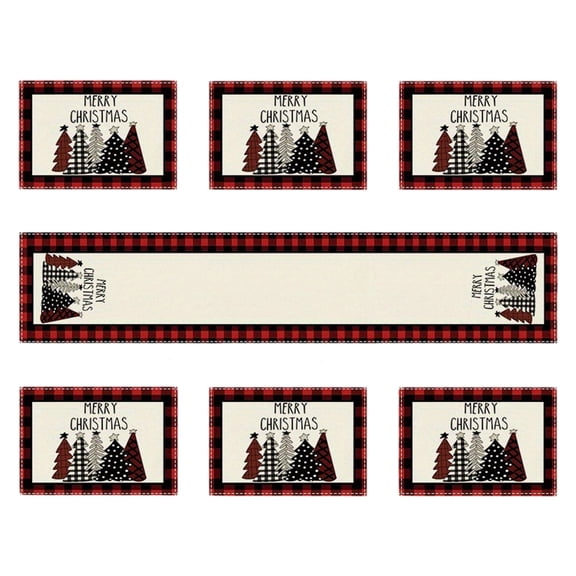 Tunhigl Festive 7-Piece Christmas Table Runner and Place Mats Set with Red and White Snowflake Deer Design