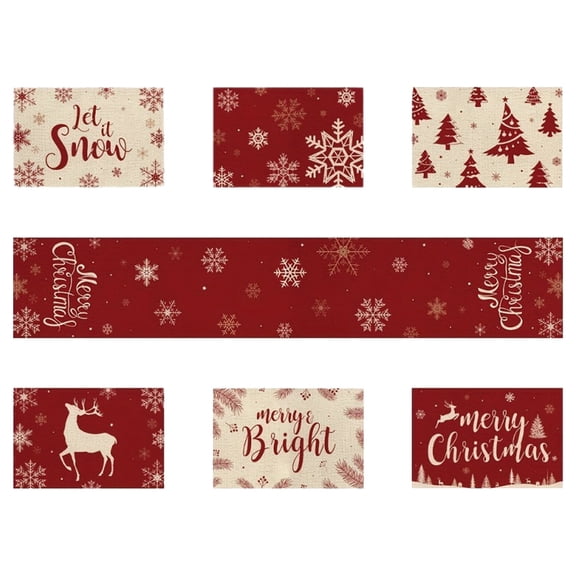 Tunhigl Festive 7-Piece Christmas Table Runner and Place Mats Set with Red and White Snowflake Deer Design