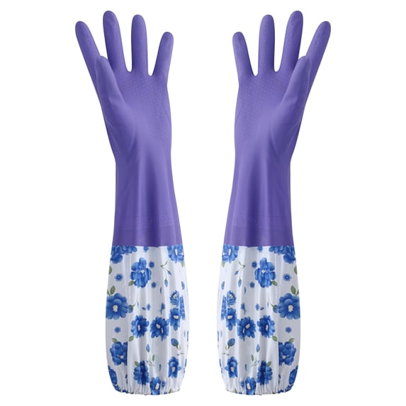 Tunhigl Flower Rubber Velvet Long Cleaning Gloves - Eco-Friendly, Non-Slip Dishwashing Gloves for Kitchen, Laundry, Car Wash & More | Comfortable Household Cleaning Gloves with Cotton Lining Purple