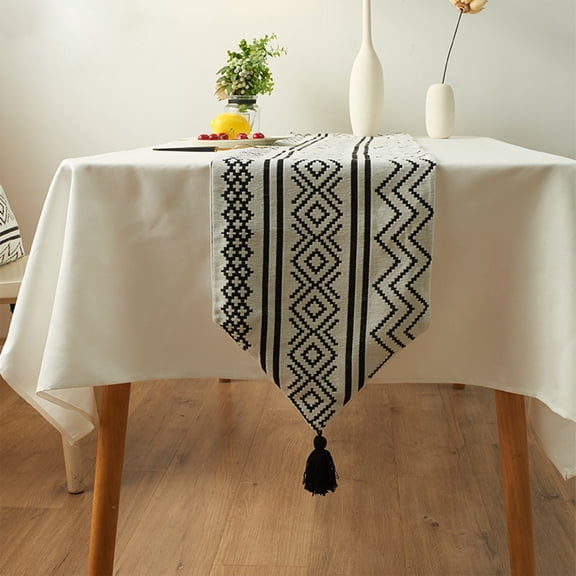 Tunhigl Geometric Lines Table Runner 6 Ft Long - 70 Inch Macrame Embroidery Polyester Runner for Wedding, Holiday Party, Dining Table, Home Decor White