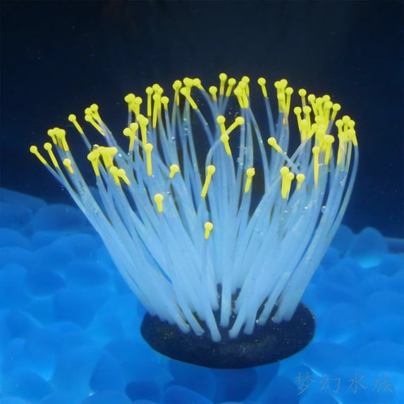 Tunhigl Glow-in-the-Dark Anemone Aquarium Decor - Realistic Luminous Silicone Coral for Fish Tanks (5" Tall) for Freshwater & Saltwater - Stunning Nighttime Underwater Scene for Home/Office Yellow