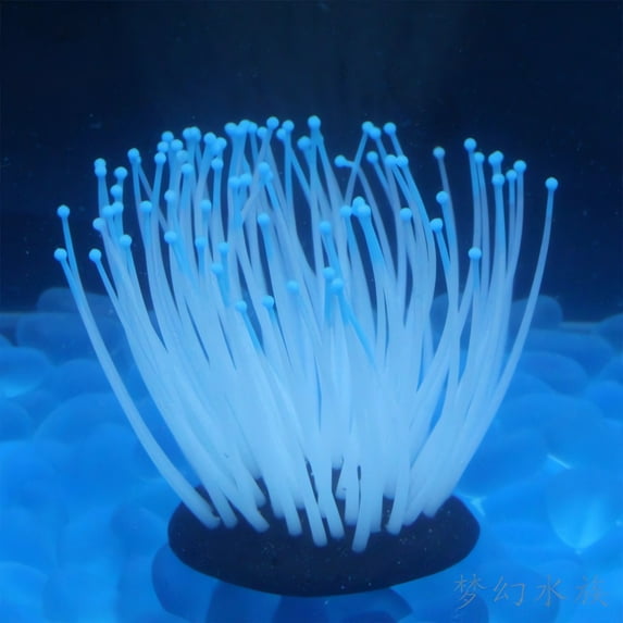 Tunhigl Glow-in-the-Dark Anemone Aquarium Decor - Realistic Luminous Silicone Coral for Fish Tanks (5" Tall) for Freshwater & Saltwater - Stunning Nighttime Underwater Scene for Home/Office Blue
