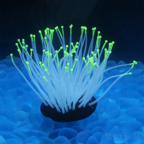 Tunhigl Glow-in-the-Dark Anemone Aquarium Decor - Realistic Luminous Silicone Coral for Fish Tanks (5" Tall) for Freshwater & Saltwater - Stunning Nighttime Underwater Scene for Home/Office Green