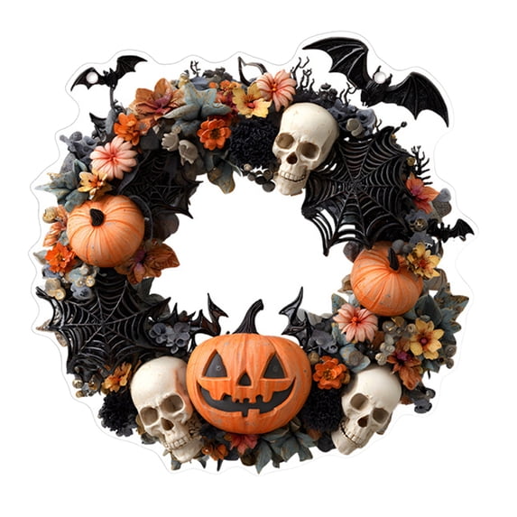 Tunhigl Halloween Pumpkin Skull Wreath Decor - Weatherproof Acrylic Skeleton Hanging Ornament for Front Door Porch Window Outdoor Indoor Reusable Durable Party Decor