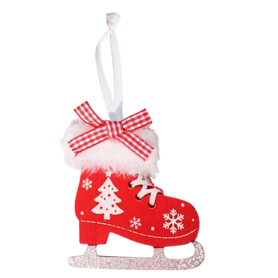 Tunhigl Handmade Wooden Fuzzy Bow Ice Skate Christmas Ornament with Velvet Ribbon, Rustic Boho Holiday Decor, Easy Hanging for Tree Wreath & Gifts Red