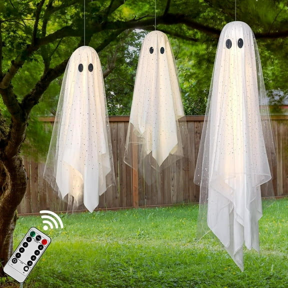 Tunhigl Hanging Ghost Decor with Remote Control Lights for Halloween 2025 - 8 Lighting Modes Timer Waterproof Outdoor Yard Porch Tree Ornament Spooky Yet Adorable Family-Friendly White