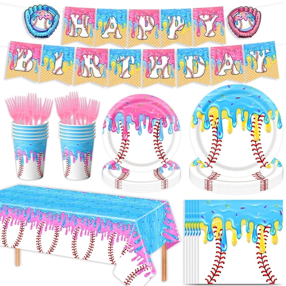 Tunhigl Ice Cream Baseball Theme Birthday Party Dinnerware Set for 10 People - 10-Piece Disposable Tableware with Plates Cups Napkins Tablecloth Banner Flag Forks