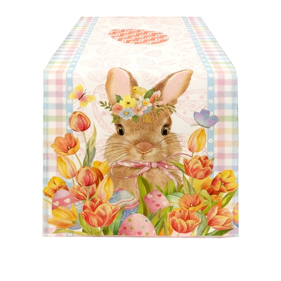 Tunhigl Linen Texture Table Runner 72 Inches Long Easter Bunny and Egg Desgin for Dining Table Decor