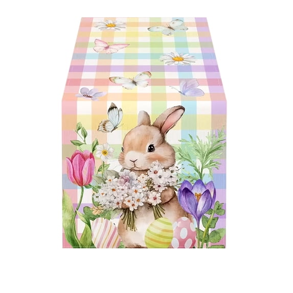 Tunhigl Linen Texture Table Runner 72 Inches Long Easter Bunny and Egg Desgin for Dining Table Decor