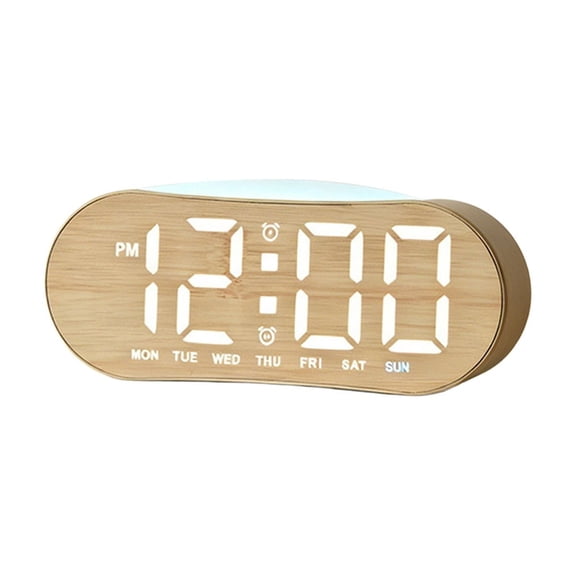 Tunhigl Oval LED Digital Alarm Clock with Wood/Fabric-Effect Plastic Casing, Time & Day Display, Adjustable Brightness, Dual Power Supply for Bedroom, Office, 2 Styles