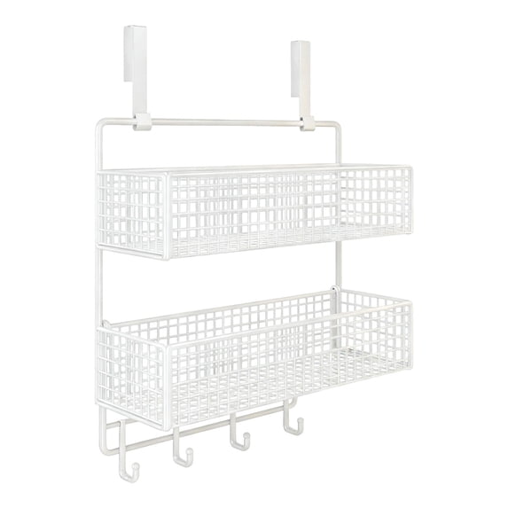 Tunhigl Over The Door Hanging Rack with Dual Storage Baskets and Hooks Metal Organizer For Bathroom Kitchen Pantry Space Saving White