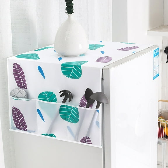 Tunhigl PEVA Refrigerator Cover with Storage Pockets - Dustproof, Oil-Proof Appliance Cover for Fridge, Washing Machine, Microwave & More - Green Leaves Design Home Decor