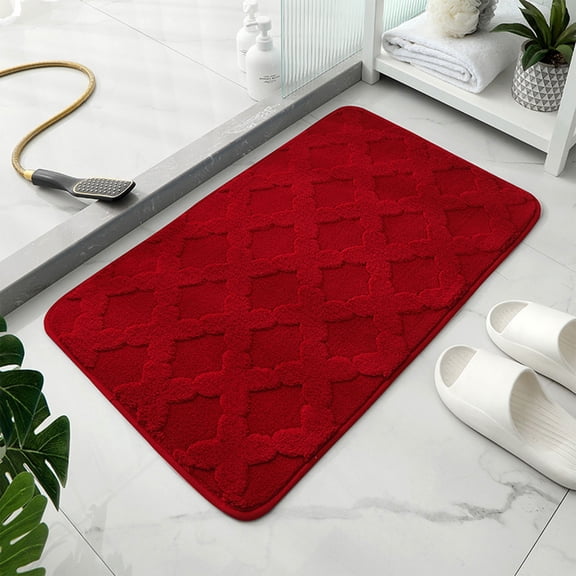 Tunhigl Plush Absorbent Bath Mat 30x20" - Non-Slip Rubber Back, Soft Microfiber, Machine-Washable, Quick-Dry, Bathroom Toilet Bedroom Floor Rug Red