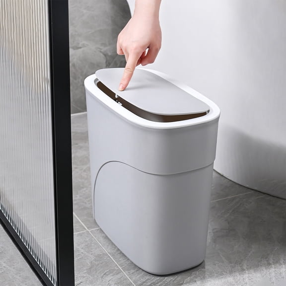 Tunhigl Push-Button Lid Slim Trash Can Space-Saving Plastic Waste Bin for Kitchen Bathroom Narrow Spaces Compact White Gray 12.6 Inch Tall Garbage Container No Battery Required