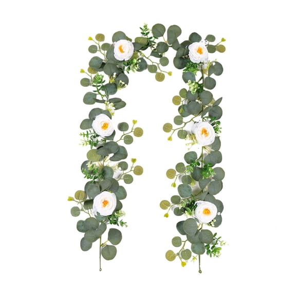 Tunhigl Realistic 6 ft Silk Rose Flower Garland with Gypsophila - Artificial Floral Vine for Wedding Decor, Party Table Runner, Home, Indoor, and Event Decorations White