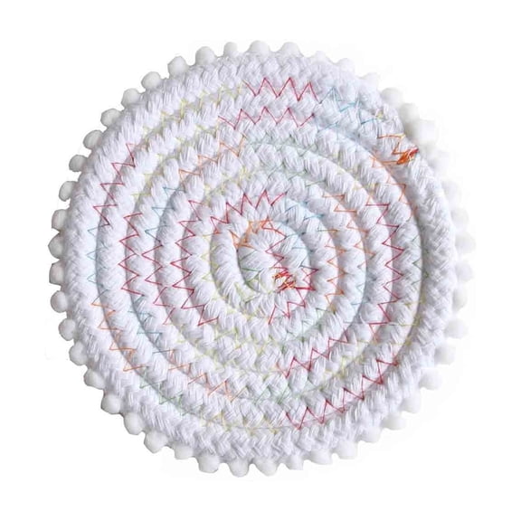 Tunhigl Round Woven Rope Coaster, Heat Resistant Pad with Pom-pom Decor, White, 5.31 in