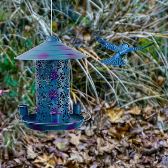 Tunhigl Rust-Resistant Outdoor Iron Bird Feeder Weatherproof Hanging Feeder with Easy Refill Durable Metal for Year-Round Backyard Garden Bird Feeding Blue