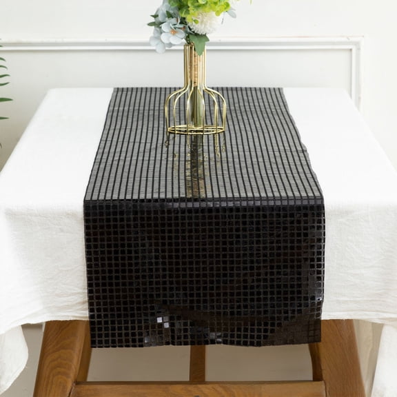 Tunhigl Sequin Table Runner 108 Inches Long - 9 ft Mirror Foil Shiny Metallic Runner for Wedding, Birthday, Christmas, Party, Holiday, Dining Table and Glamorous Event Decorations Black