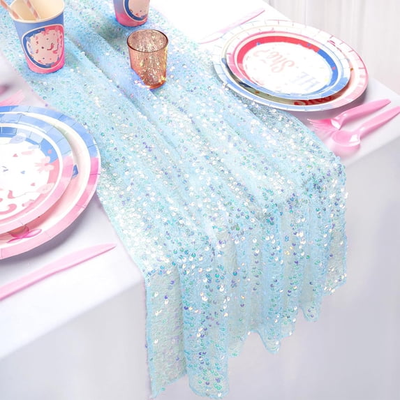 Tunhigl Sequin Table Runner 72 Inch - Iridescent Glitter Shiny Fabric Runner for Girls Birthday Party, Wedding, Celebration, Festive and Glam Event Table Decorations Blue