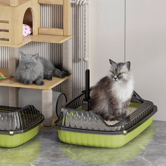 Tunhigl Splash-Proof High-Sided Cat Litter Box 19"x13"x16",Plastic Scratch-Resistant Open Pan, Leak-Proof Rim, Includes Scoop, Easy-Clean Non-Stick Surface Green