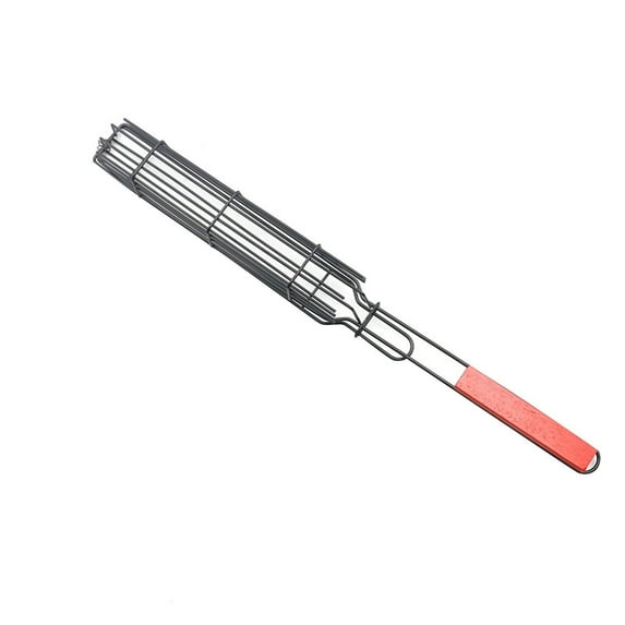 Tunhigl Stainless Steel Hot Dog Grill Cage with Wooden Handle - Portable BBQ Grill Basket for Sausages, Vegetables - Durable, Rust-Proof, and Easy to Clean