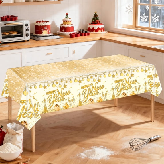 Tunhigl Tablecloth 54 x 108 Inches Rectangle Happy New Year Festive Decor Black Gold White Multicolor Plastic Table Cover for Dinner Parties Buffet Setup Count Down Events