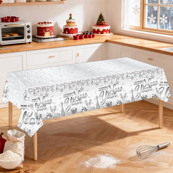 Tunhigl Tablecloth 54 x 108 Inches Rectangle Happy New Year Festive Decor Black Gold White Multicolor Plastic Table Cover for Dinner Parties Buffet Setup Count Down Events