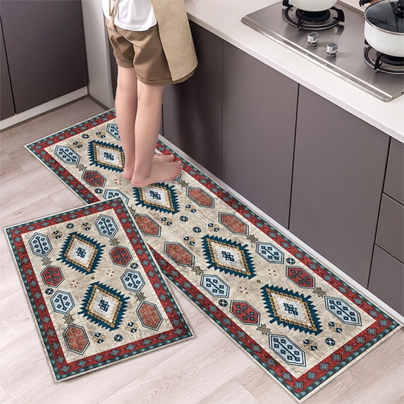 Tunhigl Two-Piece Ethnic Style Kitchen Mats Set Stain Resistant Anti-Fatigue Non-Slip Machine Washable for Kitchen Bathroom Entryway Laundry Room Winter Home Decor