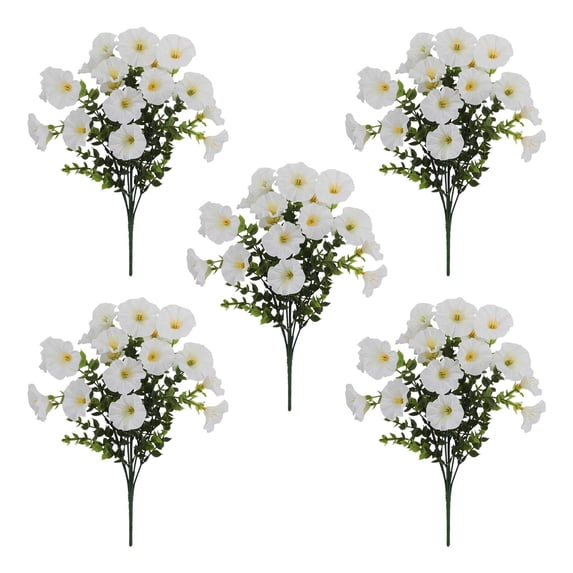 Tunhigl UV Resistant Artificial Morning Glories 5-Piece Set Realistic Silk Flowers Low Maintenance Outdoor Garden Decor Year-Round Beauty for Patio Balcony Wedding Season Homeowners White