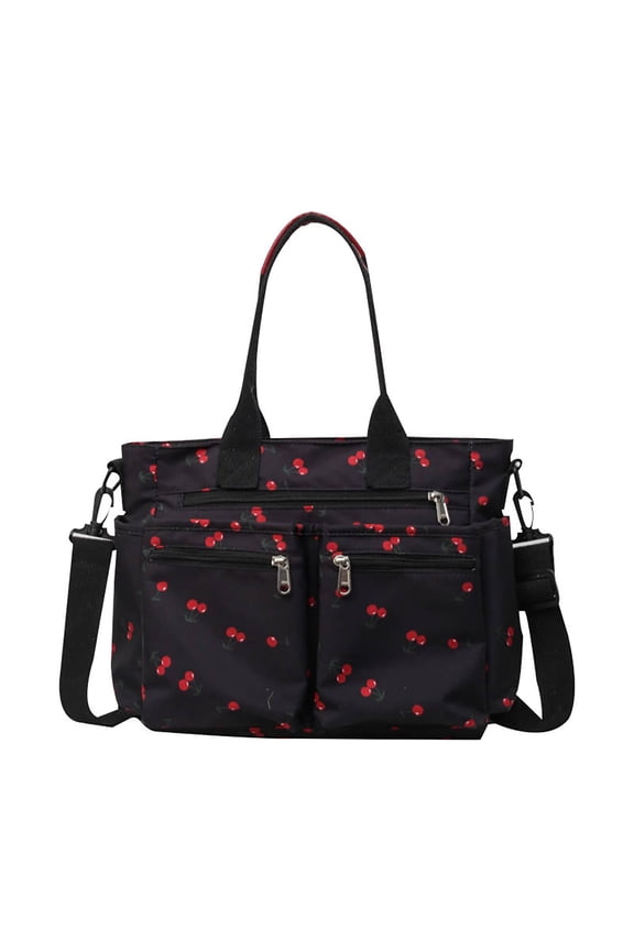 Women's Cherry Print Tote Bag with Adjustable Strap Multi-Pocket Design for Working Women Travel Season Casual Large Capacity Handbag Black