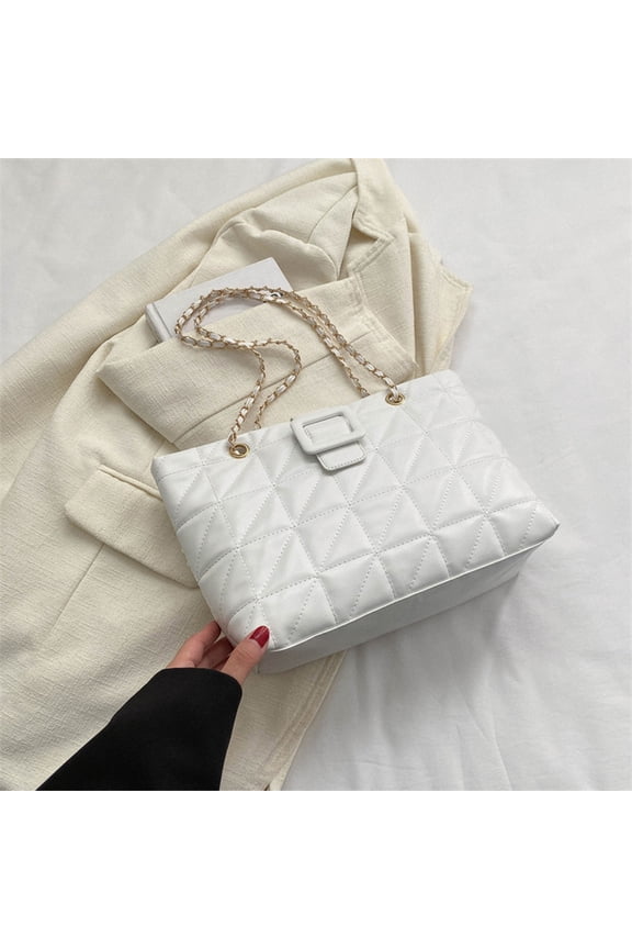 Women's Diamond Pattern Chain Shoulder Bag Premium Leather Large Capacity Commuter Handbag with Stylish Metal Chain for Daily Work Shopping and Evening Events White