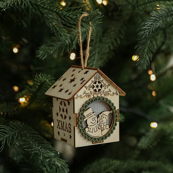 Tunhigl Wooden LED House Xmas Ornaments - 3" Cozy Christmas Village, Warm Lights, Battery Mini Christmas Tree Decor, Holiday Mantel Ambiance Gift Beige