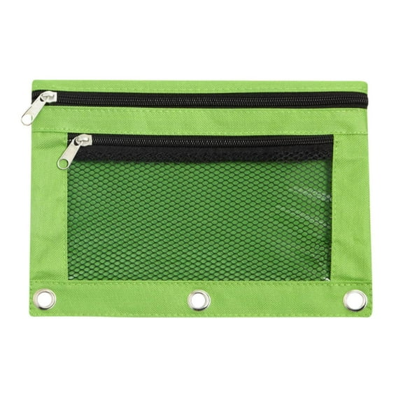 Tunhigl Zipper Pencil Pouch Dual Compartments - Mesh Window, Durable Cloth Binder Case, Pen Pencil Marker Organizer, College & Office Supplies, Makeup Cosmetic Bag, 3-Ring Insert Green