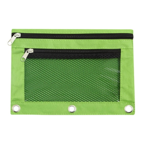 Tunhigl Zipper Pencil Pouch Dual Compartments - Mesh Window, Durable Cloth Binder Case, Pen Pencil Marker Organizer, College & Office Supplies, Makeup Cosmetic Bag, 3-Ring Insert Green