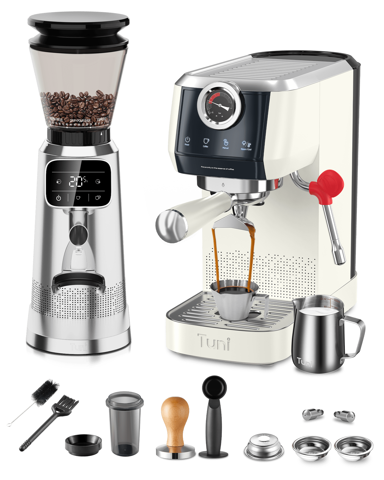 Tuni E2 20Bar Dual Boiler Espresso Machine with G2 70 Grinding Settings Conical Burr Coffee Grinder (Silver) Combo Set | Professional Home Barista Kit