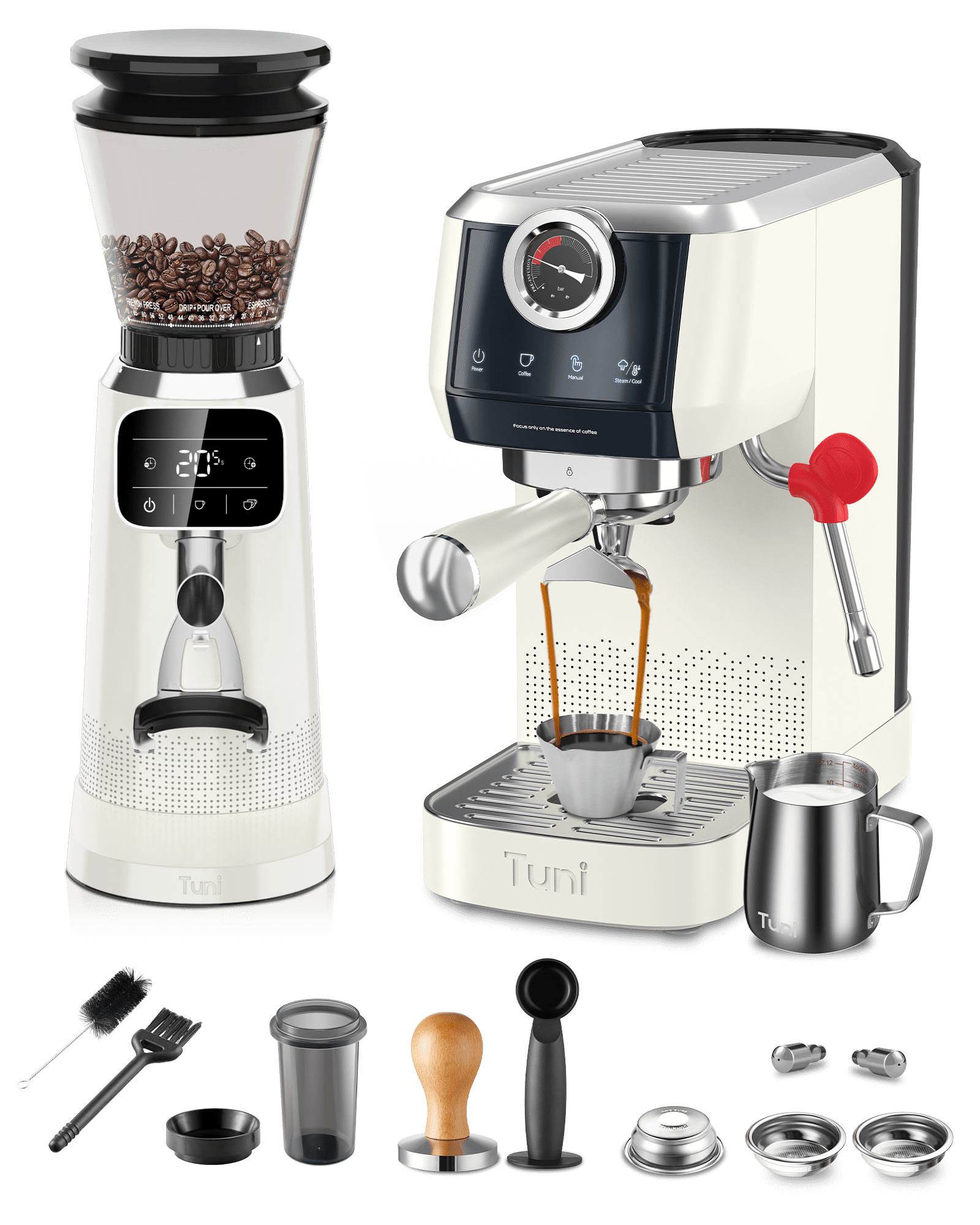 Tuni E2 20Bar Dual Boiler Espresso Machine with G2 70 Grinding Settings Conical Burr Coffee Grinder (Ivory) Combo Set | Professional Home Barista Kit