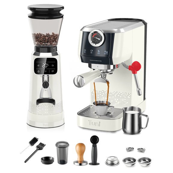 Tuni E2 20Bar Dual Boiler Espresso Machine with G2 70 Grinding Settings Conical Burr Coffee Grinder (Ivory) Combo Set | Professional Home Barista Kit