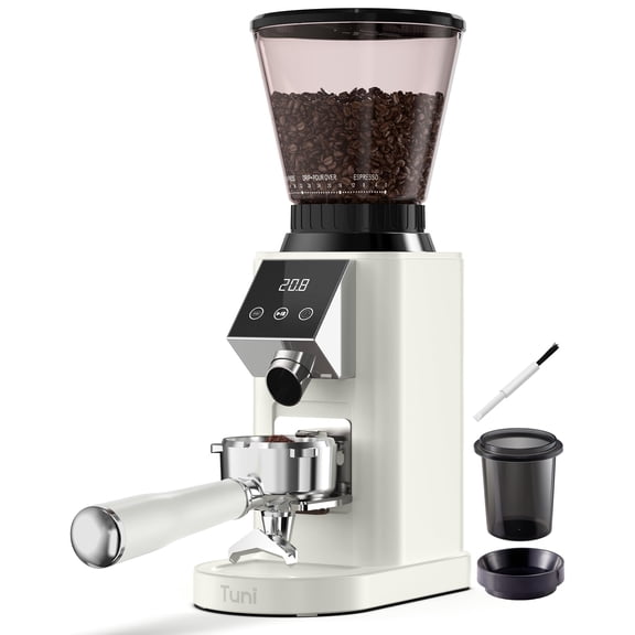 Tuni G1 Conical Burr Coffee Grinder, 48 Grind Settings Anti-static Burr Mill, Precision Electronic Timer and LED Touchscreen for Espresso/Drip/Cold Brew/French Press, Stainless Steel, Ivory