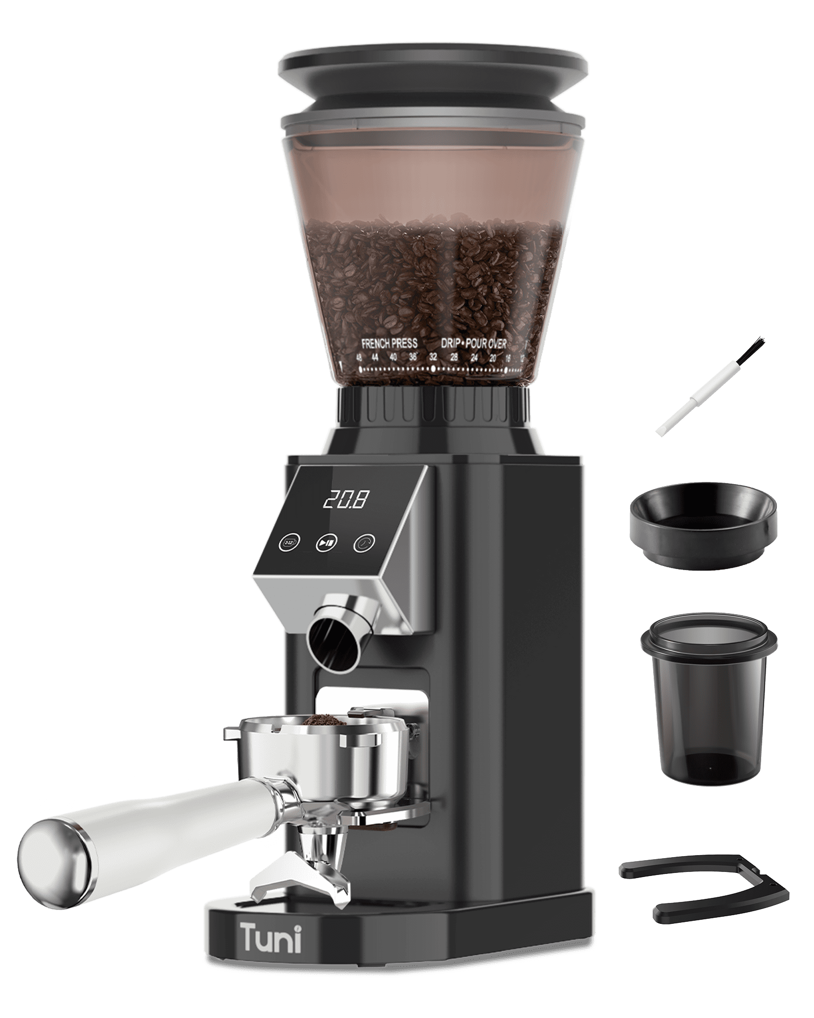 Tuni G1-N Conical Burr Coffee Grinder, 48 Grind Settings Anti-static Burr Mill, Precision Electronic Timer and LED Touchscreen for Espresso/Drip/Cold Brew/French Press, Stainless Steel, Black