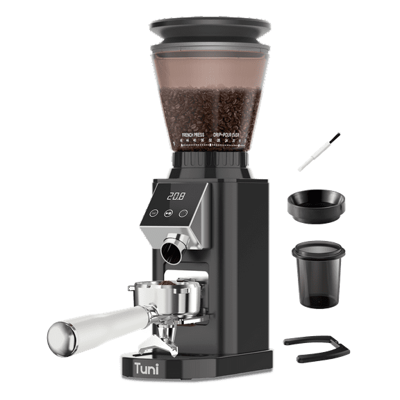 Tuni G1-N Conical Burr Coffee Grinder, 48 Grind Settings Anti-static Burr Mill, Precision Electronic Timer and LED Touchscreen for Espresso/Drip/Cold Brew/French Press, Stainless Steel, Black