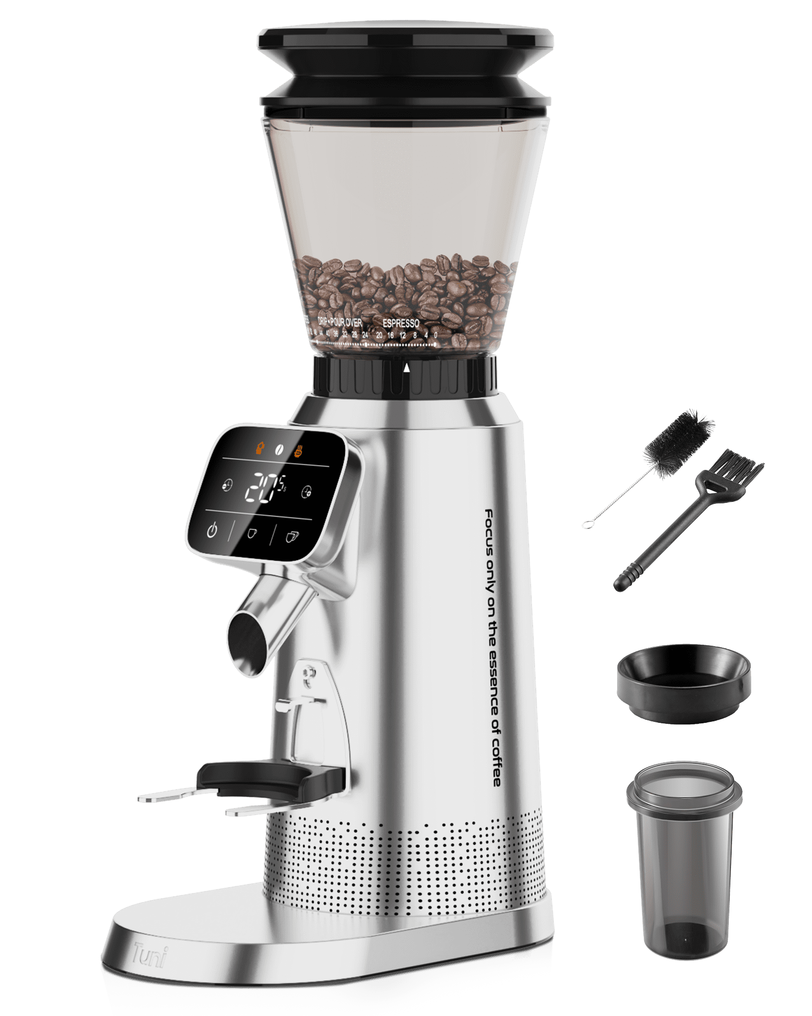 Tuni G2 Conical Burr Coffee Grinder, 70 Grind Settings Anti-static Burr Mill, Precision Electronic Timer and LED Touchscreen for Espresso/Drip/Cold Brew/French Press, Stainless Steel, Silver