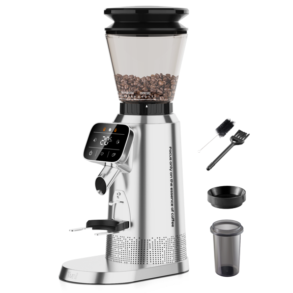 Tuni G2 Conical Burr Coffee Grinder, 70 Grind Settings Anti-static Burr Mill, Precision Electronic Timer and LED Touchscreen for Espresso/Drip/Cold Brew/French Press, Stainless Steel, Silver