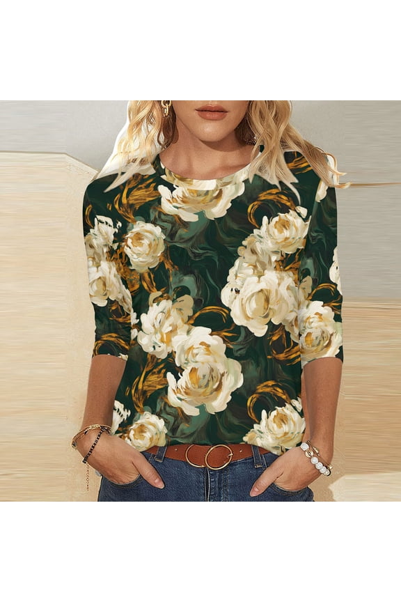 Tunic Blouse for Women Crewneck 3/4 Sleeve Artistic Casual Loose Fit Abstract Swirl Graphic Print Soft Breathable Lightweight Fashion Pullover Summer Fall Tops