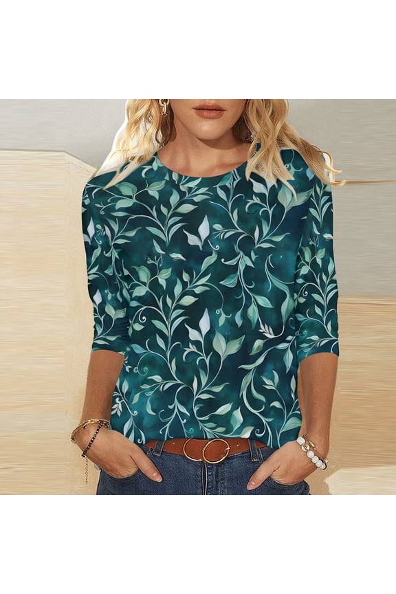 Tunic Blouse for Women Crewneck 3/4 Sleeve Artistic Casual Loose Fit Botanical Leaf Pattern Print Soft Breathable Lightweight Fashion Pullover Summer Fall Tops