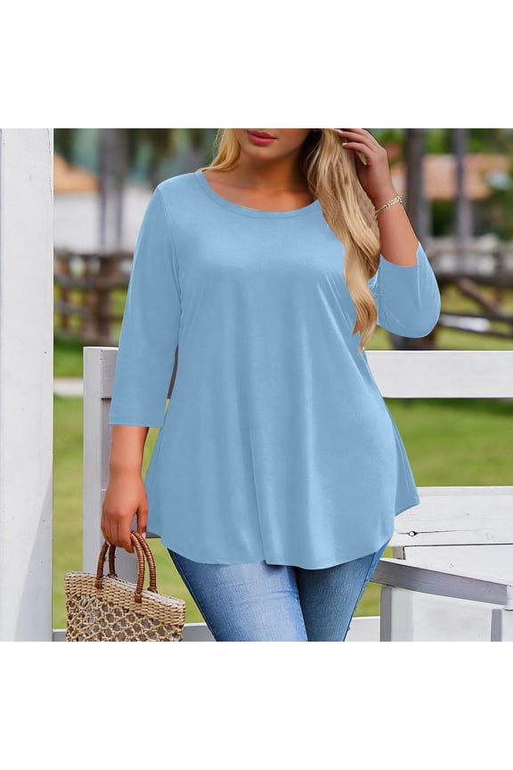 Tunic Blouse for Women Round Neck Three Quarter Sleeve Casual Loose Fit Solid Breathable Lightweight Fabric Daily Streetwear Side Split Tops