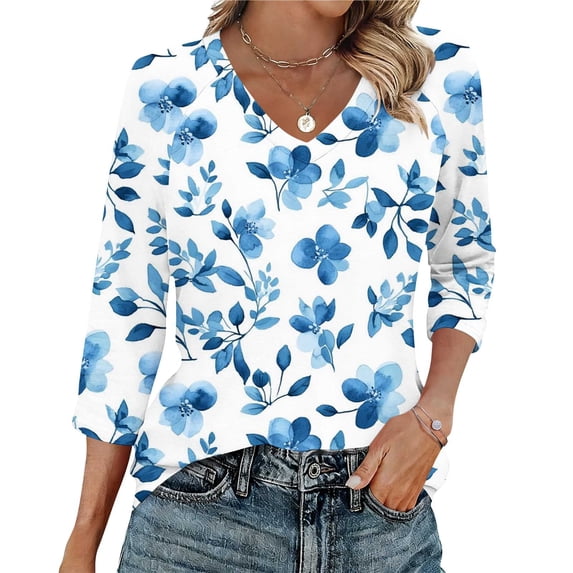 Tunic Blouse for Women V Neck 3/4 Sleeve Dressy Elegant Large Floral Graphic Print Lightweight Silky Feel Summer Fall Fashion Tops