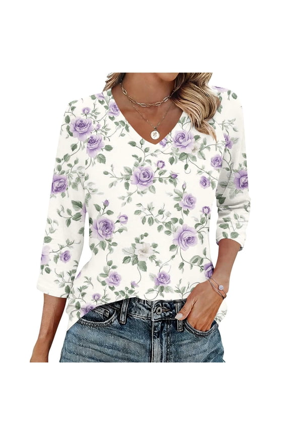 Tunic Blouse for Women V Neck 3/4 Sleeve Vintage Boho Style Small Floral Print Soft Breathable Stretchy Fabric Casual Daily Tops