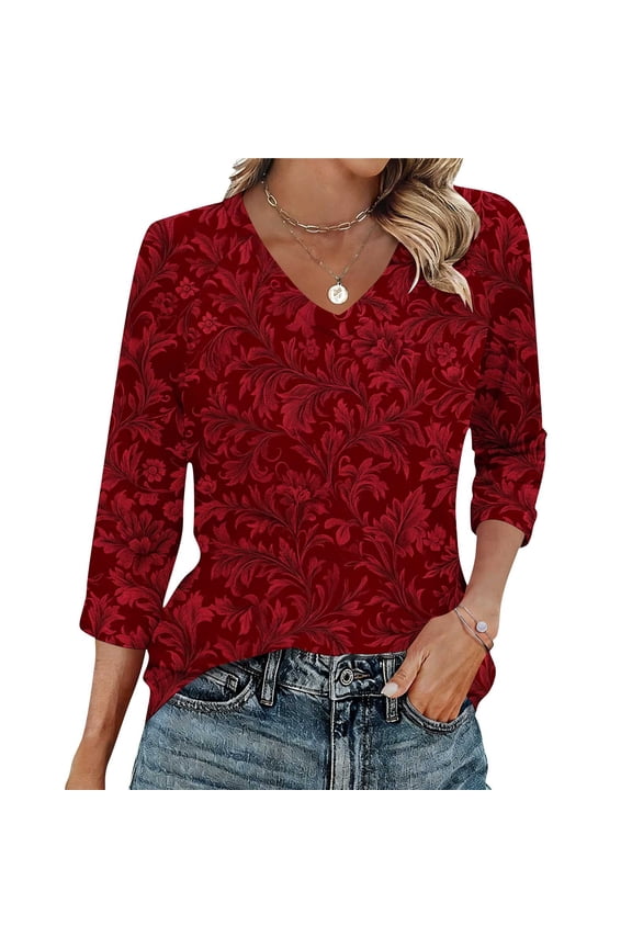 Tunic Blouse for Women V Neck 3/4 Sleeve Vintage Boho Style Small Floral Print Soft Breathable Stretchy Fabric Casual Daily Tops